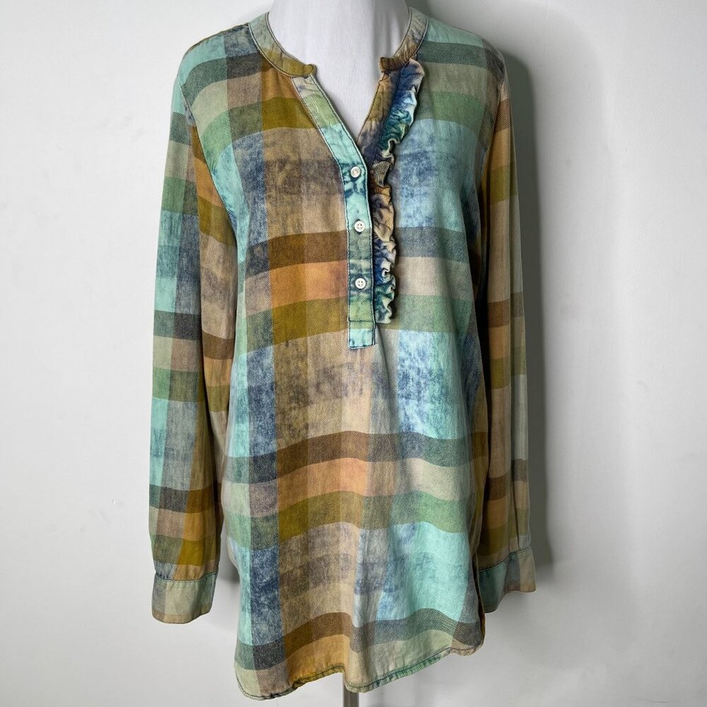 NWT Isabella Sinclair Women's Tan Green Button Down Long Sleeve Check Shirt S